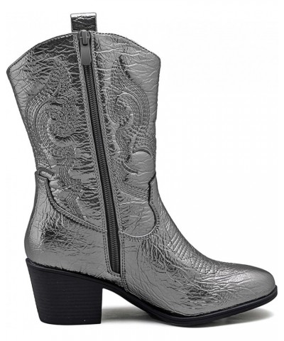 Women's Mid Calf The Western Cowgirl Boots Fashion Cowboy Boots For Women Chunky Low Heel 19yy17dark Silver $37.00 Boots