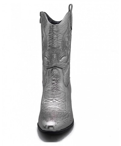 Women's Mid Calf The Western Cowgirl Boots Fashion Cowboy Boots For Women Chunky Low Heel 19yy17dark Silver $37.00 Boots