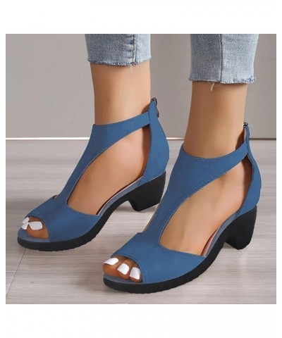 New European And American Fashion High Heel Fish Mouth Shoes With Side Air Back Zipper Thick Heel Recovery Sandals Women Blue...