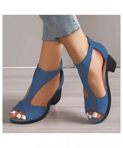 New European And American Fashion High Heel Fish Mouth Shoes With Side Air Back Zipper Thick Heel Recovery Sandals Women Blue...