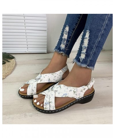 Women Retro Leather Hook Loop Wedge Sandals Crisscross Band Thong Sandals Female Non Slip Wear Resisting Beach 6.5 White $29....