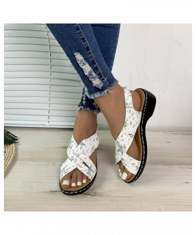 Women Retro Leather Hook Loop Wedge Sandals Crisscross Band Thong Sandals Female Non Slip Wear Resisting Beach 6.5 White $29....