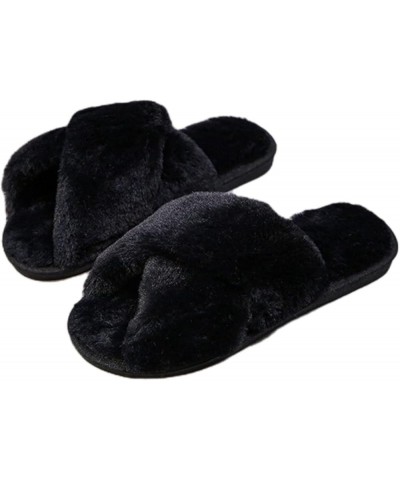 Fluffy Slippers for Women Teen Girls Cross Band Fuzzy Furry Cozy Warm Soft Comfy Home Non-Slip Open Toe Black $18.80 Slippers