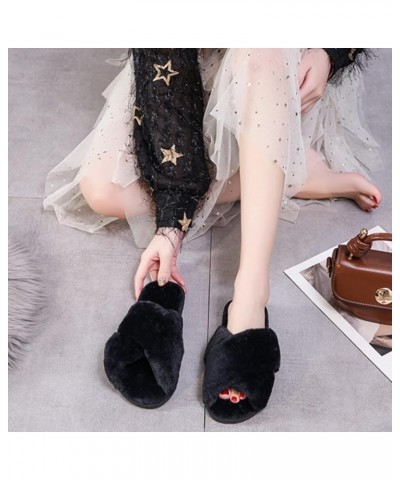 Fluffy Slippers for Women Teen Girls Cross Band Fuzzy Furry Cozy Warm Soft Comfy Home Non-Slip Open Toe Black $18.80 Slippers