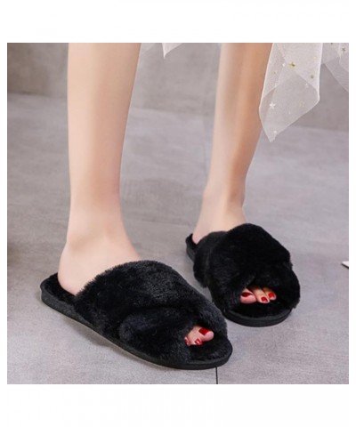 Fluffy Slippers for Women Teen Girls Cross Band Fuzzy Furry Cozy Warm Soft Comfy Home Non-Slip Open Toe Black $18.80 Slippers