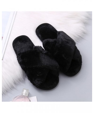 Fluffy Slippers for Women Teen Girls Cross Band Fuzzy Furry Cozy Warm Soft Comfy Home Non-Slip Open Toe Black $18.80 Slippers