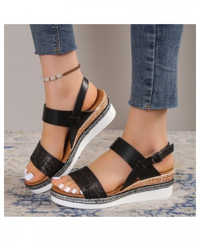 Sandals Women Wide Summer Flat Bottom Slope Heel Fish Mouth Fashion Shoes Wedges Slippers Arch Support Casual Wedge Black $12...