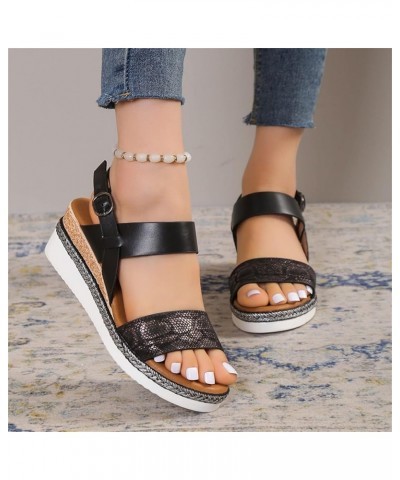 Sandals Women Wide Summer Flat Bottom Slope Heel Fish Mouth Fashion Shoes Wedges Slippers Arch Support Casual Wedge Black $12...