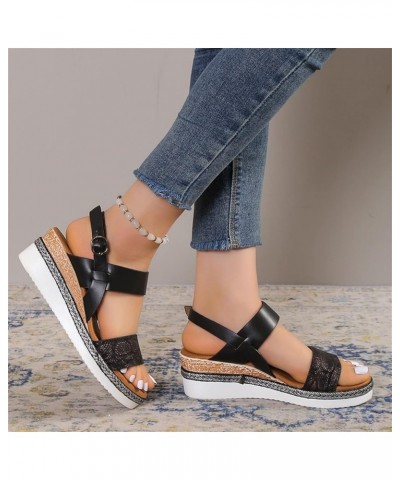 Sandals Women Wide Summer Flat Bottom Slope Heel Fish Mouth Fashion Shoes Wedges Slippers Arch Support Casual Wedge Black $12...