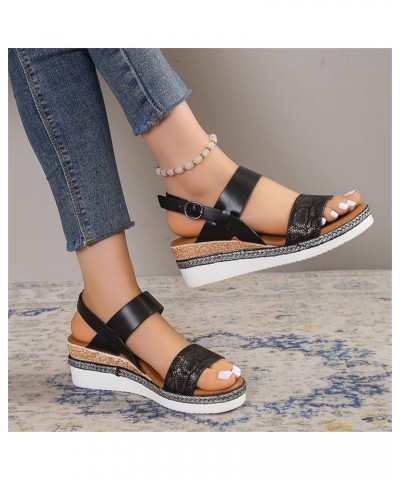 Sandals Women Wide Summer Flat Bottom Slope Heel Fish Mouth Fashion Shoes Wedges Slippers Arch Support Casual Wedge Black $12...