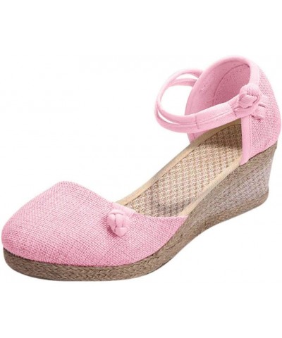 Retro Canvas Sandals for Women Ladies Casual Closed Toe Slip on Wedge Sandals Ankle Strap Dressy Singles Shoes 4.5 Pink $17.2...