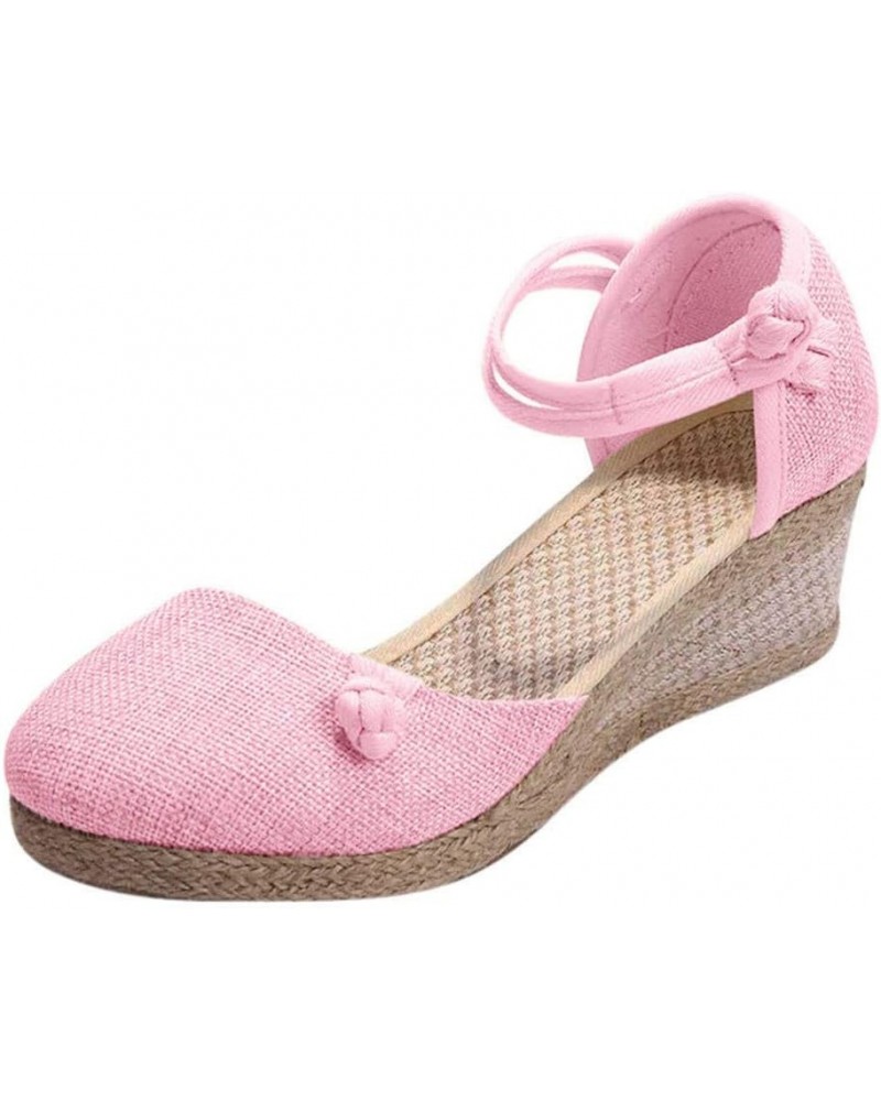 Retro Canvas Sandals for Women Ladies Casual Closed Toe Slip on Wedge Sandals Ankle Strap Dressy Singles Shoes 4.5 Pink $17.2...