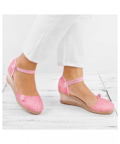 Retro Canvas Sandals for Women Ladies Casual Closed Toe Slip on Wedge Sandals Ankle Strap Dressy Singles Shoes 4.5 Pink $17.2...