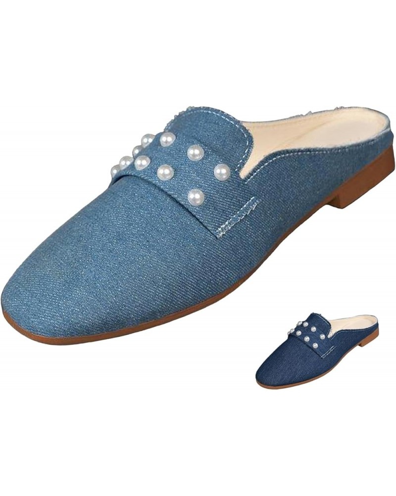 Women's Pearl Decor Flat Denim Mules Shoes,Comfortable Round Toe Slip On Backless Dress Mule Slide Sandals Ladies Loafers Lig...