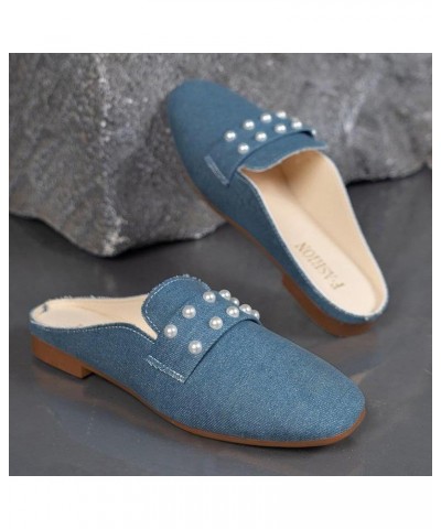 Women's Pearl Decor Flat Denim Mules Shoes,Comfortable Round Toe Slip On Backless Dress Mule Slide Sandals Ladies Loafers Lig...