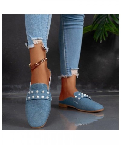 Women's Pearl Decor Flat Denim Mules Shoes,Comfortable Round Toe Slip On Backless Dress Mule Slide Sandals Ladies Loafers Lig...