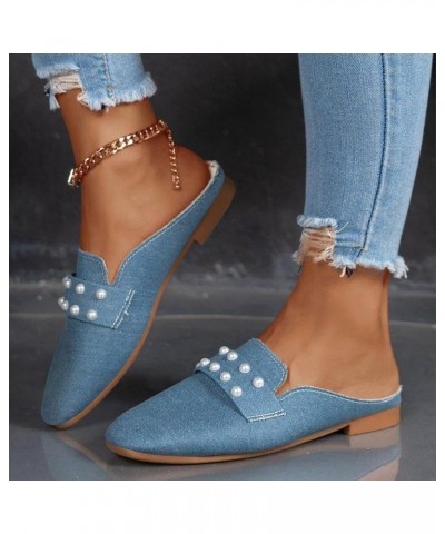 Women's Pearl Decor Flat Denim Mules Shoes,Comfortable Round Toe Slip On Backless Dress Mule Slide Sandals Ladies Loafers Lig...