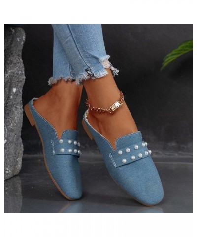 Women's Pearl Decor Flat Denim Mules Shoes,Comfortable Round Toe Slip On Backless Dress Mule Slide Sandals Ladies Loafers Lig...