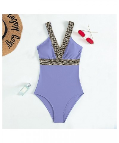 Sexy High Waisted Women's Neckline Bikini Swimsuit Set Solid Color Swimsuit Set Womens Board Shorts for Swimming D-purple $8....