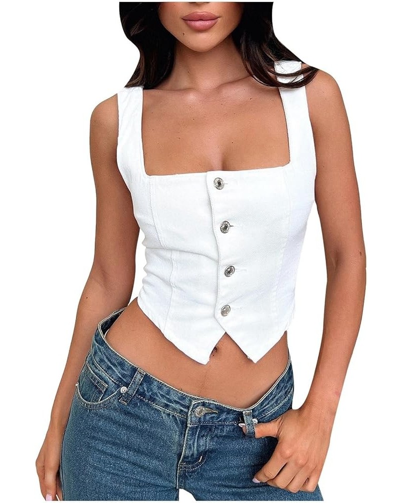 Top Slim Fit Sexy Patchwork Short Slim Fit Strap Style Denim Vest Top Little House Big, Large C-white - Women Wrap Jean Vest ...