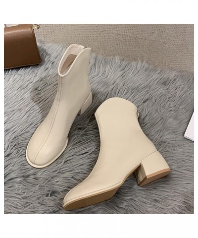 Chunky Boots for Women Platform Ladies Fashion Solid Color Leather British Style Back Zipper Thick Heel Short Boots Naturaliz...