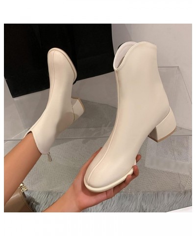 Chunky Boots for Women Platform Ladies Fashion Solid Color Leather British Style Back Zipper Thick Heel Short Boots Naturaliz...