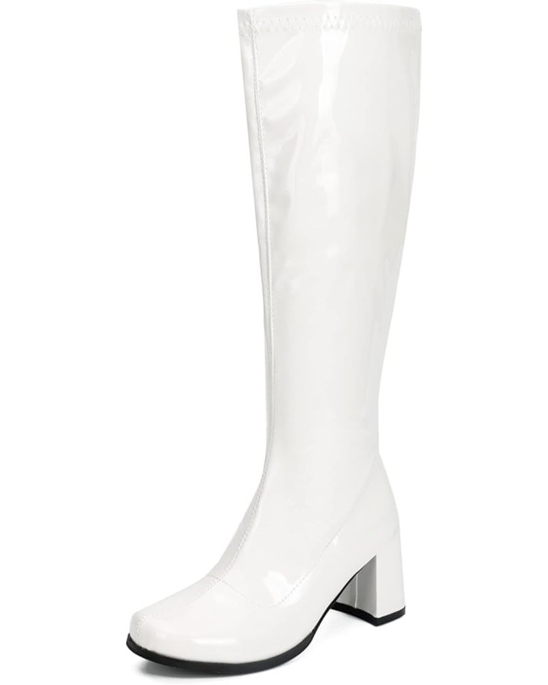 Women's Go Go Boots Over The Knee Block Heel Zipper Boot White $25.62 Boots