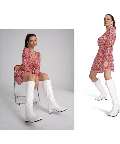 Women's Go Go Boots Over The Knee Block Heel Zipper Boot White $25.62 Boots