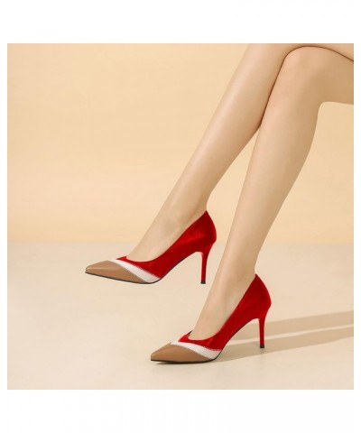 Women Pointed Toe Slip On Pumps Contrast Stitching Stiletto High Heels Chic Dance Party Shoes Size 4-15 US Red $37.18 Pumps