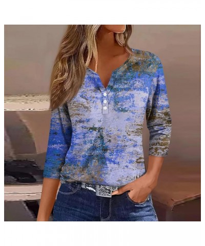 3/4 Sleeve T Shirts for Women Loose Fit V Neck Clothes Button Down Printed Tshirts Casual Henley T Shirts 1-blue $11.50 Fashi...