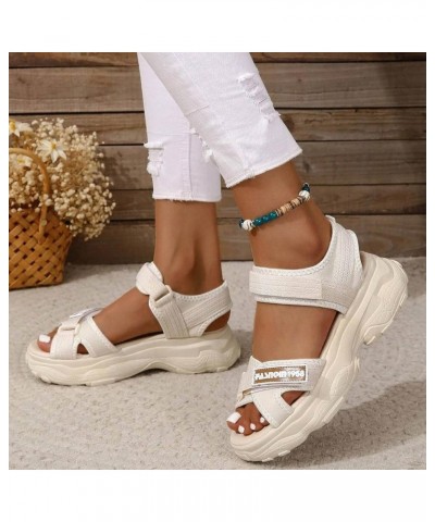 Women Striped Pattern Hook And Loop Fastener Sport Sandals Polyester Ankle Strap Sporty Sandals Women Dressy Sandals Beige $1...