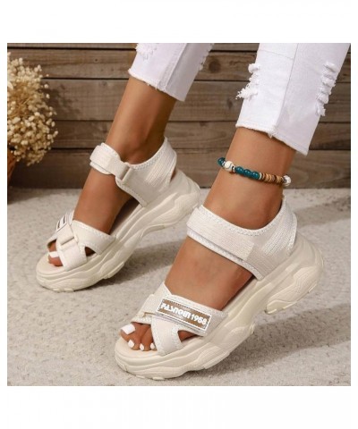 Women Striped Pattern Hook And Loop Fastener Sport Sandals Polyester Ankle Strap Sporty Sandals Women Dressy Sandals Beige $1...