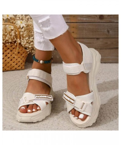 Women Striped Pattern Hook And Loop Fastener Sport Sandals Polyester Ankle Strap Sporty Sandals Women Dressy Sandals Beige $1...