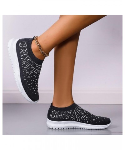 Women's Fashion Rhinestone Mesh Knit Slip On Sneaker Slip On Knitted Flats Work Shoes Flexible Lightweight Casual Easy Shoes ...