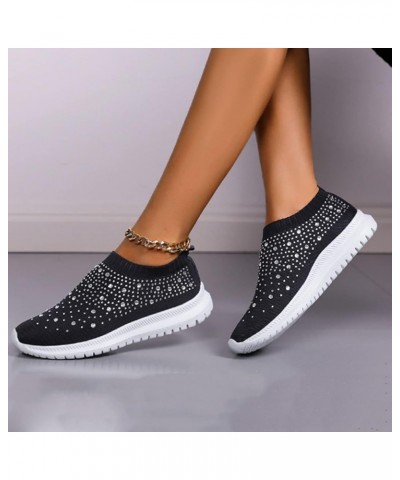 Women's Fashion Rhinestone Mesh Knit Slip On Sneaker Slip On Knitted Flats Work Shoes Flexible Lightweight Casual Easy Shoes ...