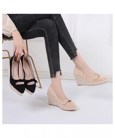 Women's Spring and Autumn Pointed Slope Heel Thick Sole Shallow MouthHigh Heel Thick Heel Shoes Bowknot Grass Woven Sandals S...