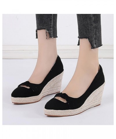 Women's Spring and Autumn Pointed Slope Heel Thick Sole Shallow MouthHigh Heel Thick Heel Shoes Bowknot Grass Woven Sandals S...