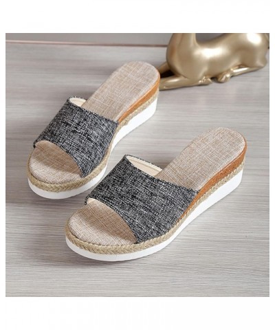 Ladies Beach Sandals Women Fashion Color Matching Cloth Shoes Open Toe Casual Slope Heel Thick Sole Beach Sippers Black $19.1...