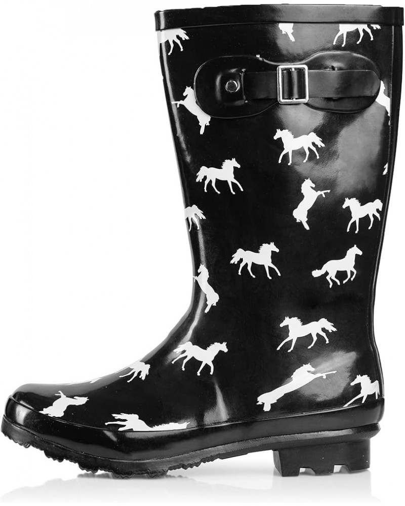 Women's Hurricane Wellie Rain Boots - Mid-Calf Length - Glossy Matte Waterproof Rubber Shoes Horse/Black Glossy $18.02 Boots