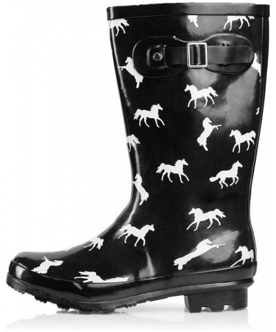 Women's Hurricane Wellie Rain Boots - Mid-Calf Length - Glossy Matte Waterproof Rubber Shoes Horse/Black Glossy $18.02 Boots