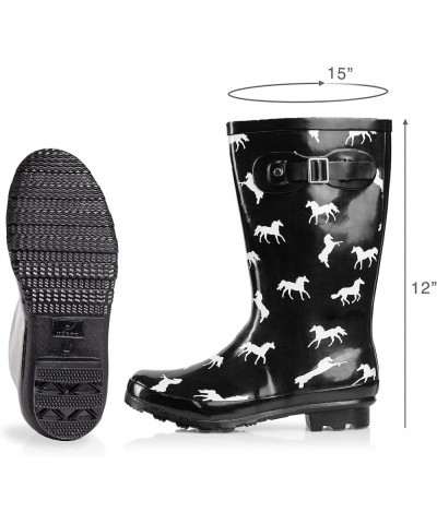 Women's Hurricane Wellie Rain Boots - Mid-Calf Length - Glossy Matte Waterproof Rubber Shoes Horse/Black Glossy $18.02 Boots