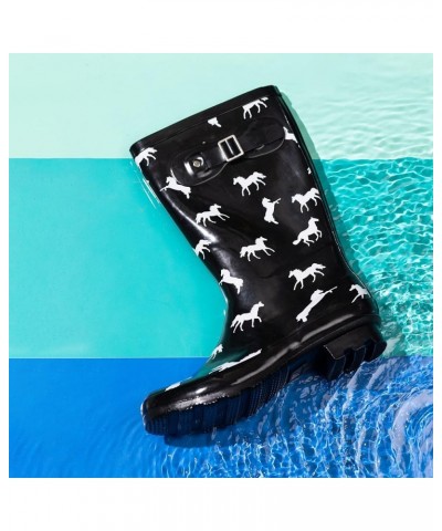 Women's Hurricane Wellie Rain Boots - Mid-Calf Length - Glossy Matte Waterproof Rubber Shoes Horse/Black Glossy $18.02 Boots