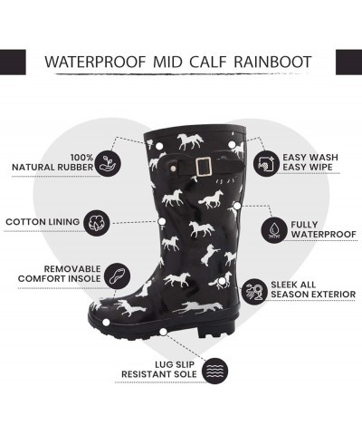 Women's Hurricane Wellie Rain Boots - Mid-Calf Length - Glossy Matte Waterproof Rubber Shoes Horse/Black Glossy $18.02 Boots