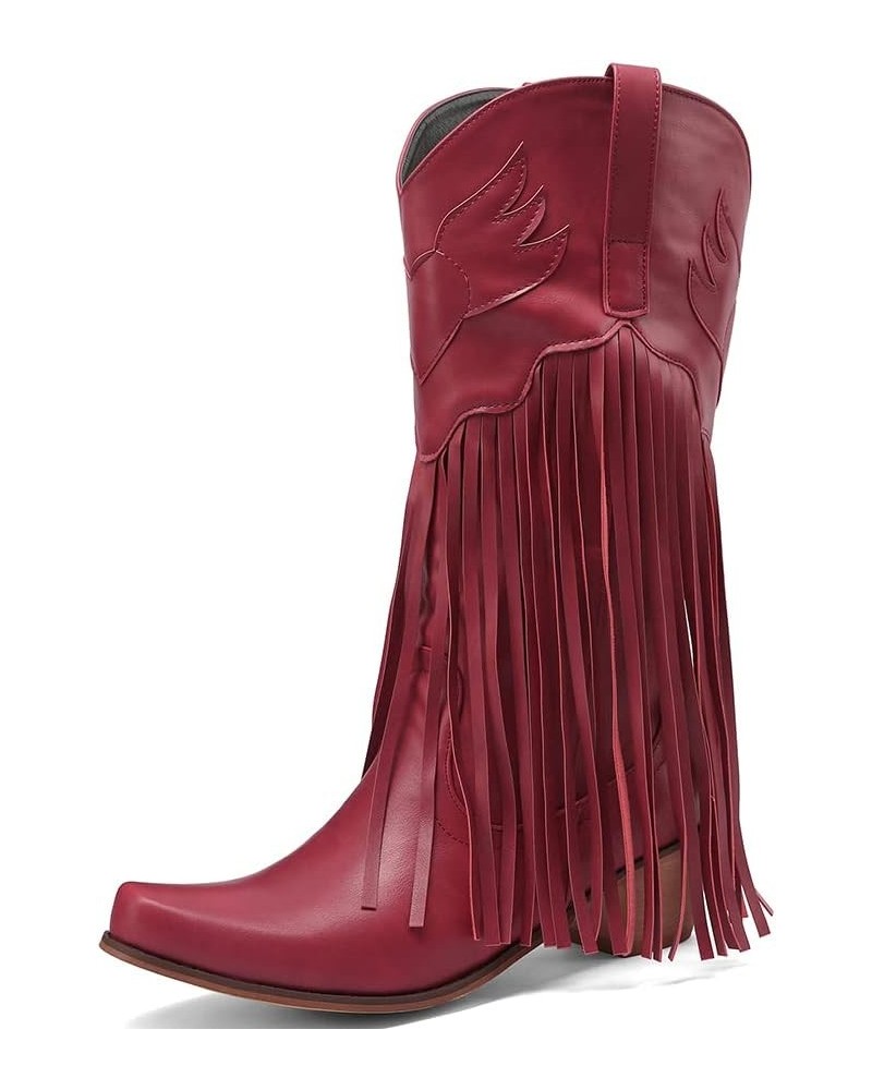 Mid Calf Fringe Cowboy Boots for Women 75 Red $27.43 Boots