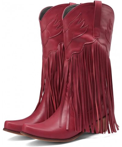 Mid Calf Fringe Cowboy Boots for Women 75 Red $27.43 Boots