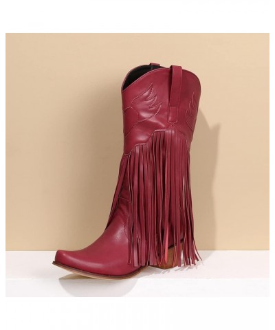 Mid Calf Fringe Cowboy Boots for Women 75 Red $27.43 Boots