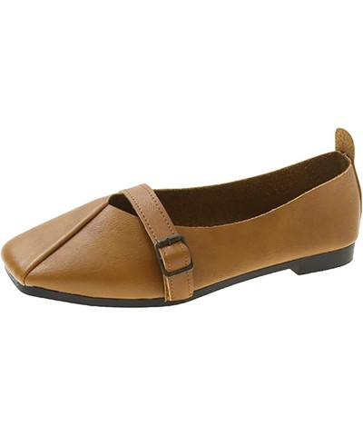 Ladies Fashion Solid Color Leather Belt Buckle Shallow Soft Sole Flat Casual Shoes Summer Ladies Sandals Brown $11.67 Athleti...