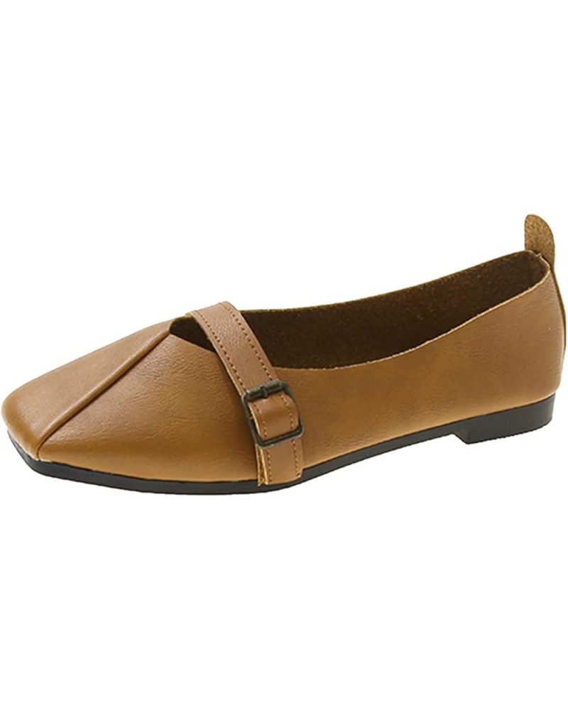 Ladies Fashion Solid Color Leather Belt Buckle Shallow Soft Sole Flat Casual Shoes Summer Ladies Sandals Brown $11.67 Athleti...