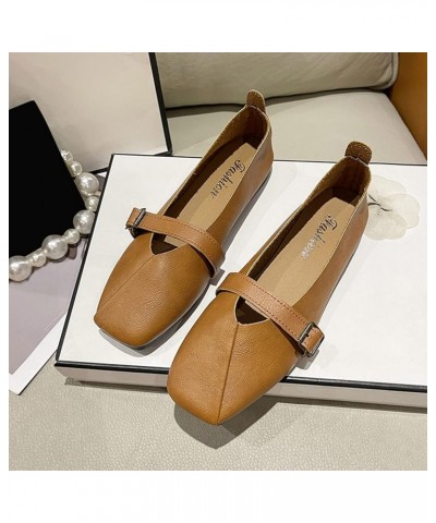 Ladies Fashion Solid Color Leather Belt Buckle Shallow Soft Sole Flat Casual Shoes Summer Ladies Sandals Brown $11.67 Athleti...