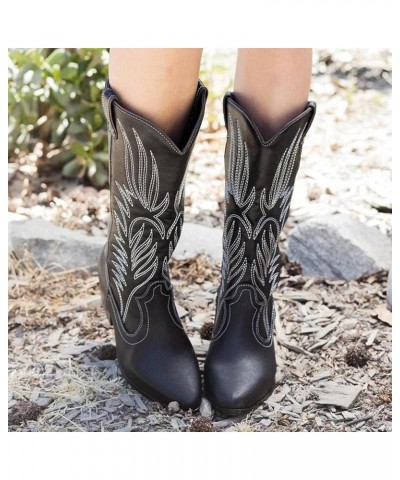 Cowboy Boots Women Wide Calf Western Embroidered Boots Ladies Western Square Toe Boots Fashion Cowgirl Shoes A01-black $22.44...